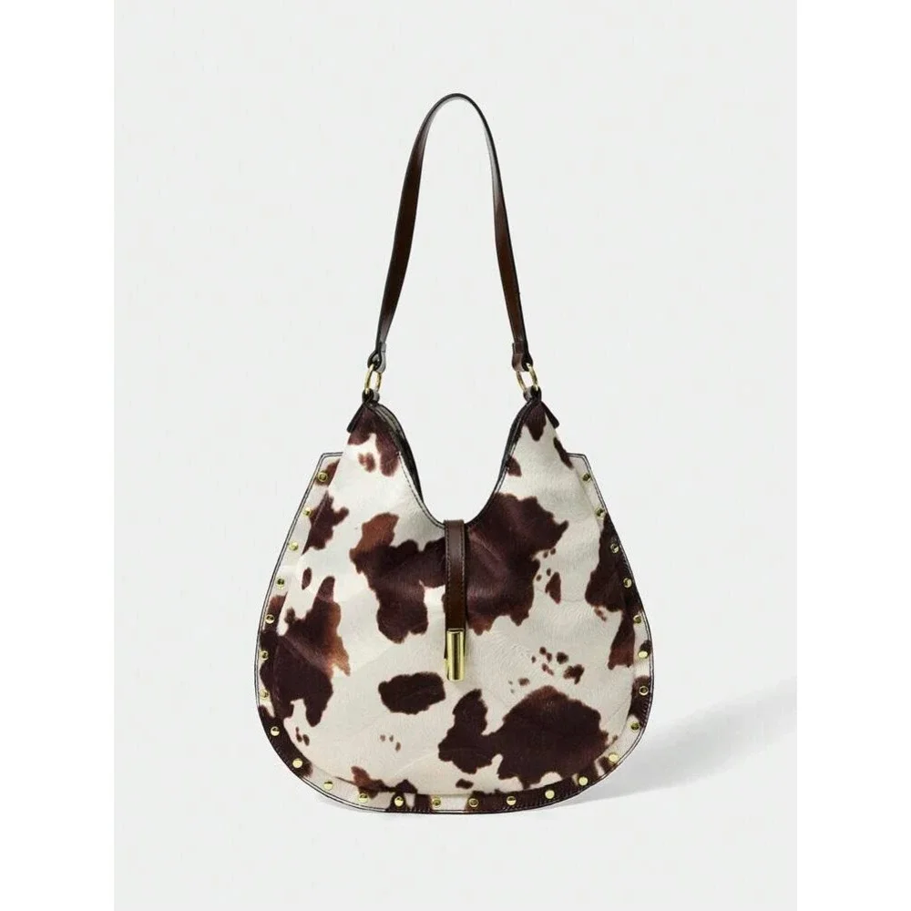Cow Print Faux Hair Studded Shoulder Bag Brown Cream Western Hobo Handbag - Picture 1 of 3